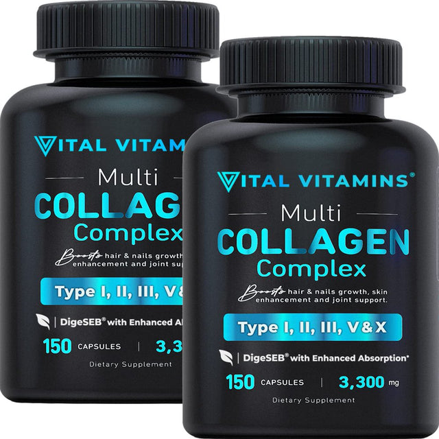 Vital Vitamins Multi Collagen Complex (2 Pack) - Type I, II, III, V, X, Grass Fed, Non-Gmo