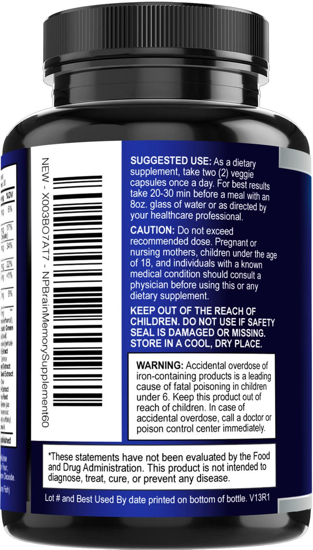 Brain Supplement for Memory and Focus, Nootropic Support for Concentration, Energy, and Brain Health with Bacopa, B Vitamins, Phosphatidylserine, DMAE, Choline, Huperzine and More - 60 Capsules