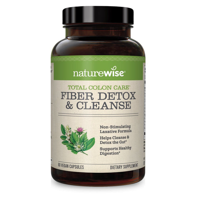 Naturewise Total Colon Care Fiber Cleanse with Safe Herbal Laxatives Prebiotics & Digestive Enzymes for Healthy Elimination Safe Digestion & Weight Detox & Gut Health 60 Vegetarian Capsules