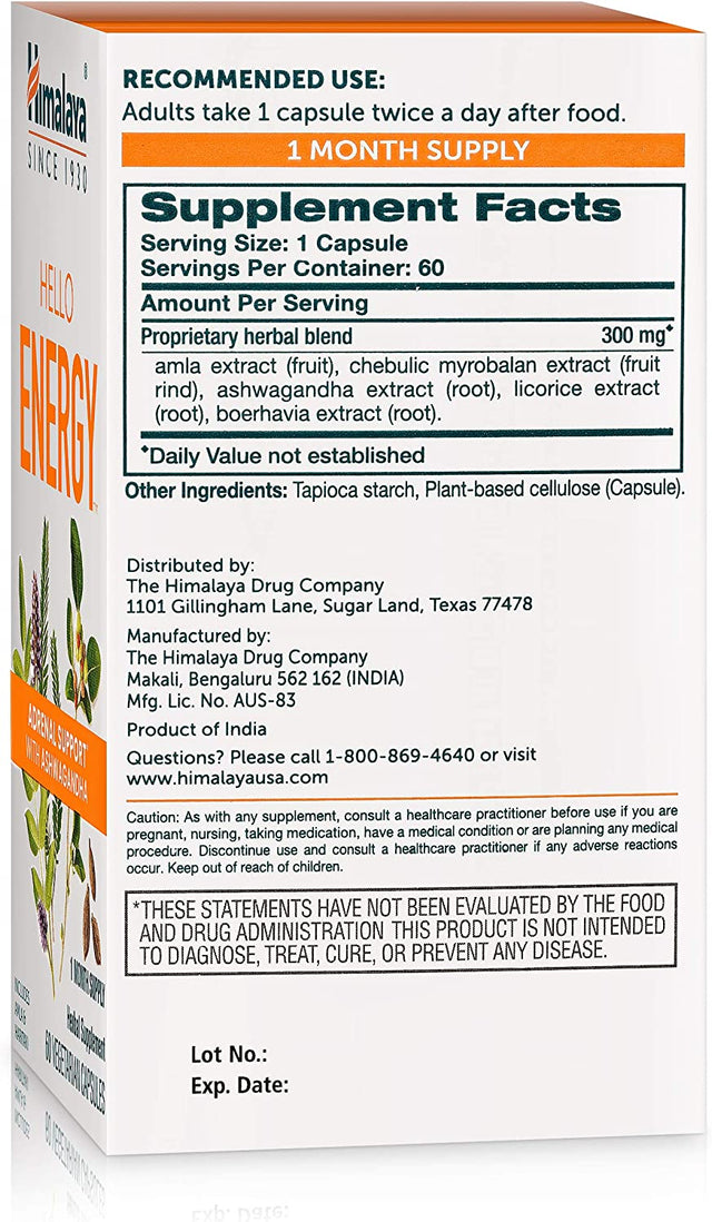 Himalaya Hello Energy Herbal Supplement with Ashwagandha, Amla, Haritaki, Daily Energy Support, Positivity, Metabolism, Caffeine Free, Gluten Free, Non-Gmo, Vegan, 60 Capsules, 30 Day Supply