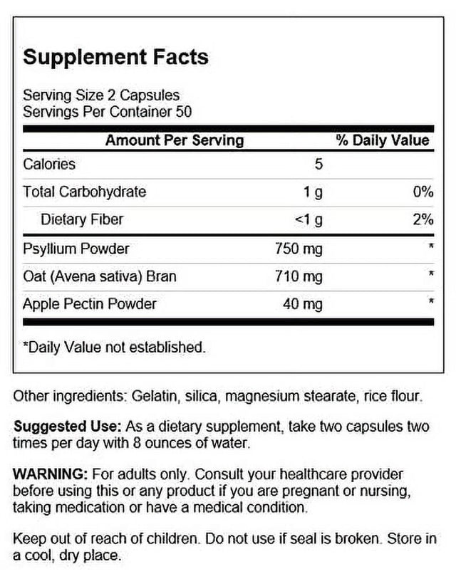 Swanson Tri-Fiber Complex - Digestive Health Supplement Made with Psyllium, Oat Bran, & Apple Pectin - Supports Heart Health, Bowel Regularity, & Overall Colon Function - 100 Capsules