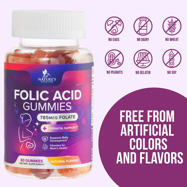 Folic Acid Gummies for Women 785 Mcg, Essential Prenatal Vitamins for Mom & Baby, Vegan Folic Acid Supplement Gummy, B9 Chewable Extra Strength Folate for before during after Pregnancy - 60 Gummies