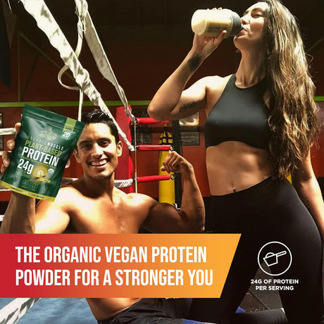 Organic Muscle Vegan Protein Powder - Plant Based Strawberry Multi-Sourced Protein Powder with Pea, Hemp, Brown Rice, Chia Seed & Amino Acids - Low Calorie for Muscle Growth & Speed Recovery