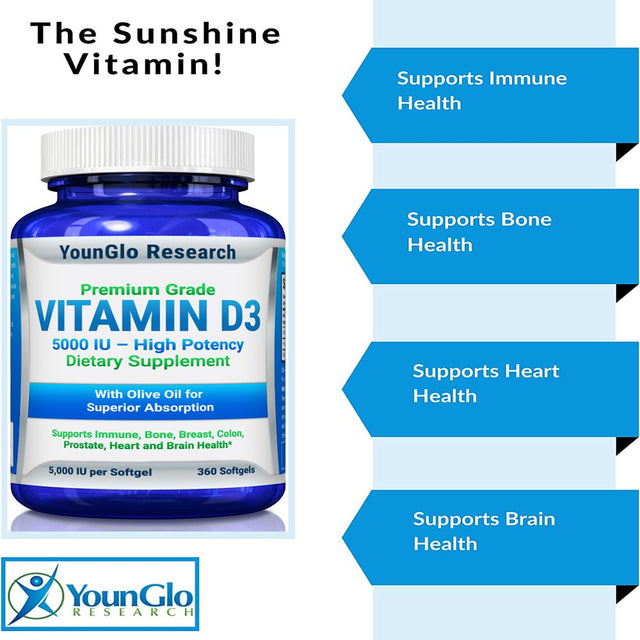 Vitamin D3 Supplement for Adult Men & Women, 5000 IU 360 Softgels, Immune Health Support by Younglo Research