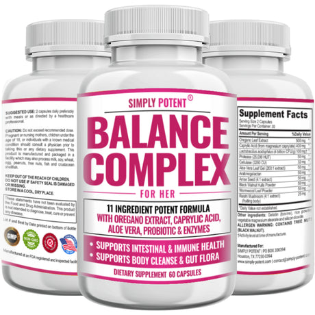 Balance Complex for Women, Candida Cleanse & Vaginal Health Dietary Supplement, Natural Formula with Oregano, Caprylic Acid, Aloe, Probiotics & Enzymes for Gut & Immune Health Support, 60 Capsules