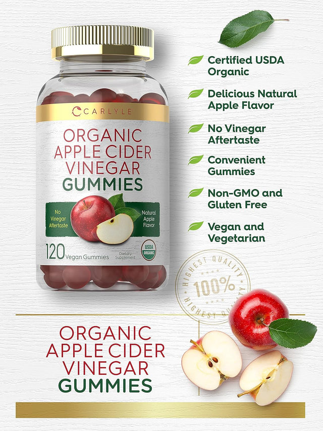 Carlyle Organic Apple Cider Vinegar Gummies | 120 Count | USDA Certified Organic | Vegan, Non-Gmo & Gluten-Free ACV Gummies | Natural Apple Flavor