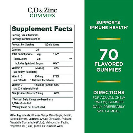 Natureâ€™S Bounty C, D, & Zinc Gummies, Immune Support Gummies for Adults, Citrus Berry, 70 Ct