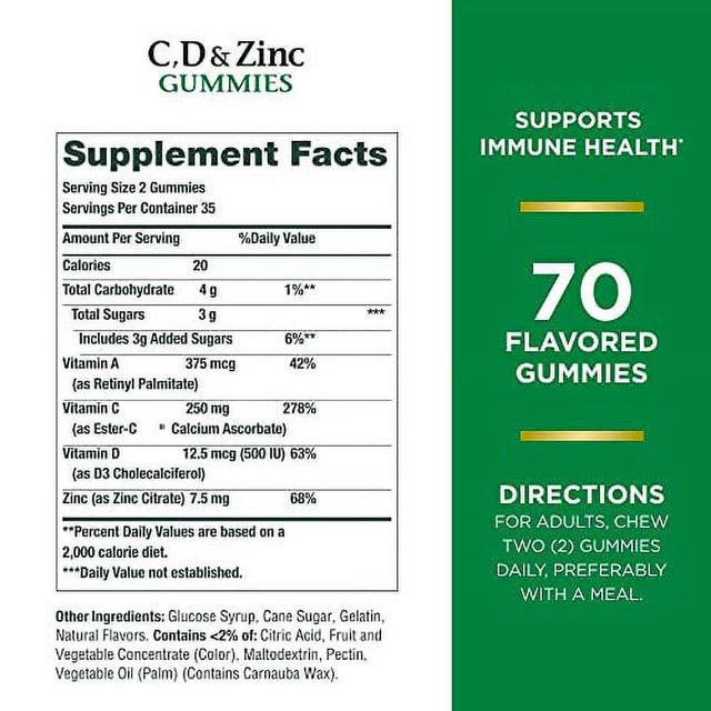 Natureâ€™S Bounty C, D, & Zinc Gummies, Immune Support Gummies for Adults, Citrus Berry, 70 Ct