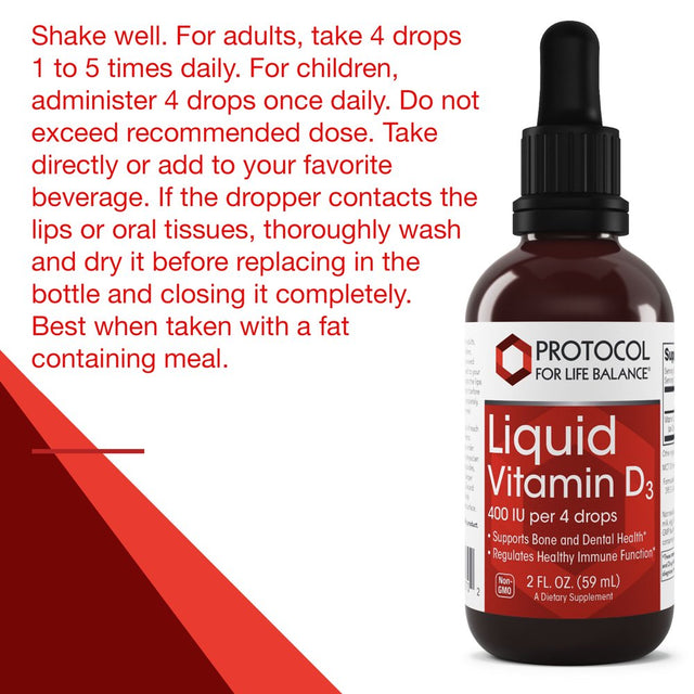 Protocol for Life Balance - Liquid Vitamin D-3 - Supports Calcium Absorption, Bone and Dental Health, and Immune Function in Easy to Administer Drops - 2 Fl Oz (60 Ml)