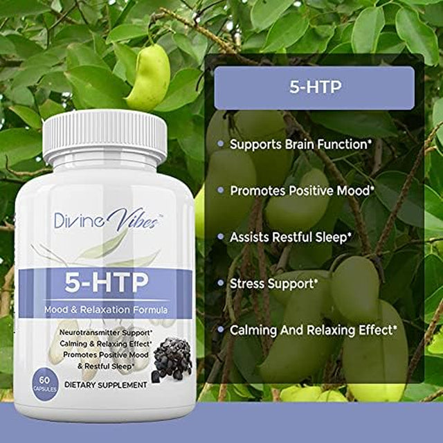 5-HTP 200Mg plus Calcium for Mood, Sleep, Stress Support - Boosts Serotonin Production - High Purity – 60 Capsules