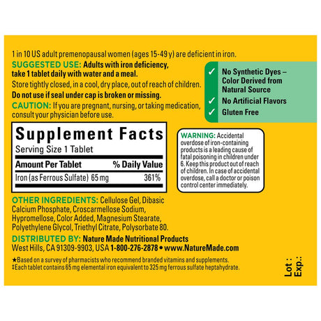 Nature Made Iron 65 Mg (325 Mg Ferrous Sulfate) Tablets, Dietary Supplement, 190 Count