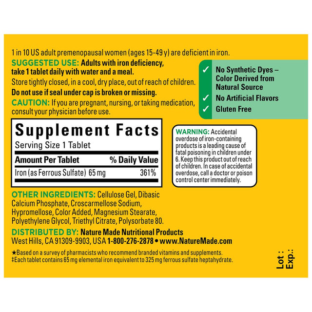 Nature Made Iron 65 Mg (325 Mg Ferrous Sulfate) Tablets, Dietary Supplement, 190 Count