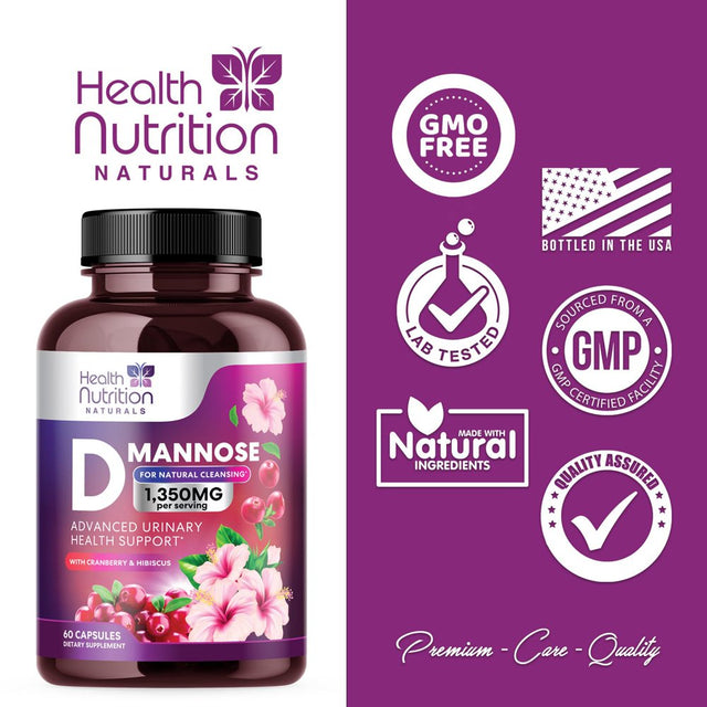 D-Mannose & Cranberry Extract 1350Mg, Fast-Acting to Support Natural Urinary Tract Health for Women & Men, Non-Gmo & Vegan, Flush Impurities in Urinary Tract & Bladder - 60 Capsules