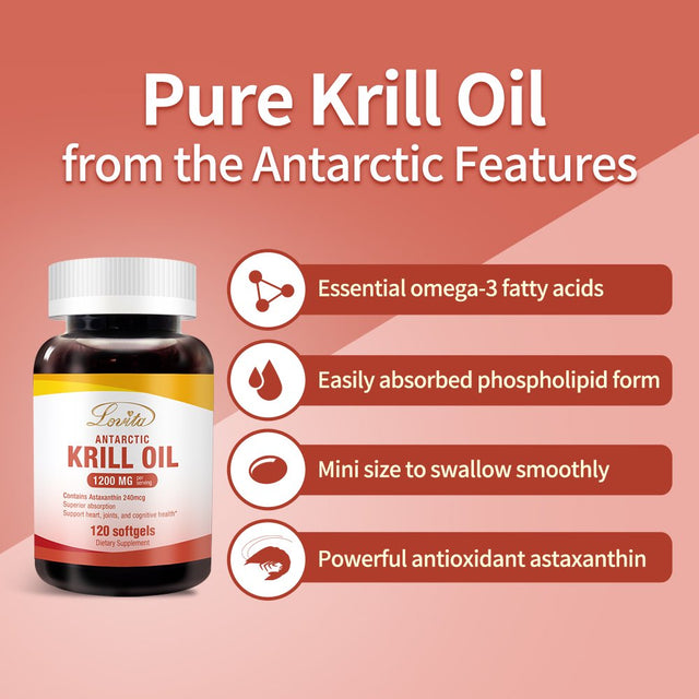 Lovita Krill Oil 1200Mg with Astaxanthin, EPA DHA Omega 3 Supplement, anti Inflammatory Supplement for Brain Booster, Joint Health and Cardiovascular Health, 120 Krill Oil Softgels