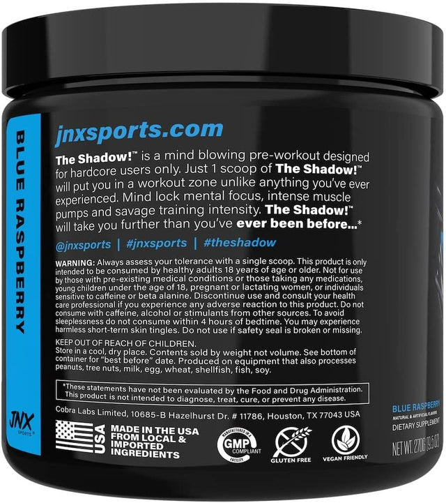 JNX SPORTS the Shadow! 350Mg of Caffeine Hard Core Preworkout -Electric Energy, Mental Focus, Superhuman Strength, Men & Women - Blue Raspberry 30 Servings