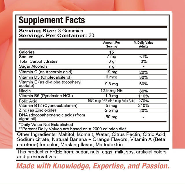 Health Dose Prenatal & Postnatal Vitamins for Pregnant and Lactating Women. DHA & Folic Acid, Gluten & Sugar-Free Vitamin B6, B12, C + Zinc for Immunity. Pregnancy & Post Pregnancy Support. 90 Gummies