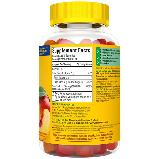 Nature Made Extra Strength Vitamin D3 5000 IU (125 Mcg) per Serving Gummies, Dietary Supplement, 90 Count