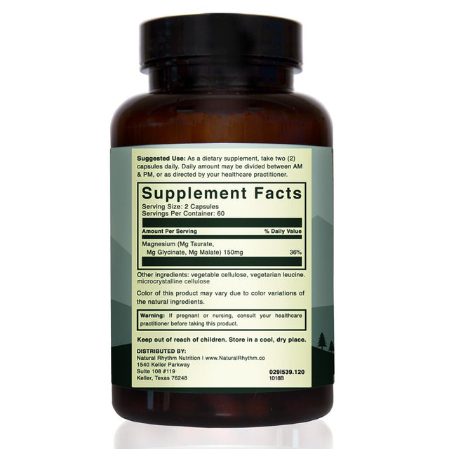 Natural Rhythm Triple Calm Magnesium - 150Mg of Magnesium Taurate, Glycinate, and Malate for Optimal Relaxation, Stress and Anxiety Relief, and Improved Sleep. 120 Capsules