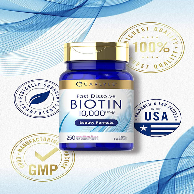 Biotin 10000 Mcg | 250 Tablets | Vegetarian, Non-Gmo, Gluten Free | by Carlyle