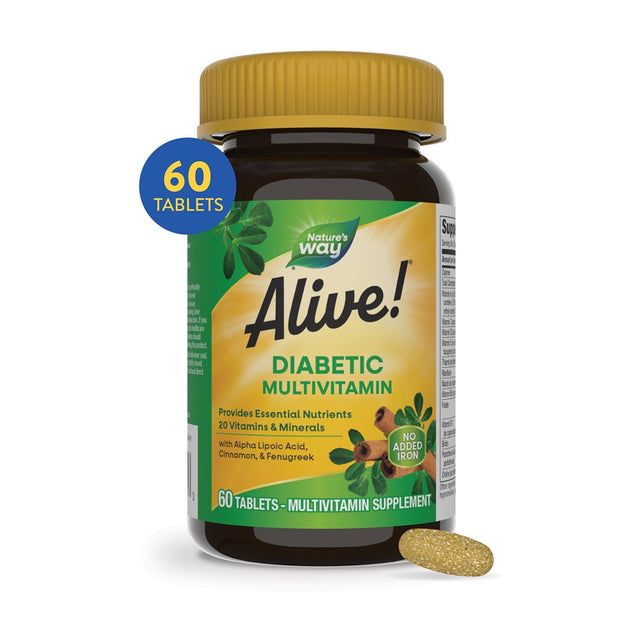 Alive! Diabetic Multivitamin, Nutritional Support for Adults with Diabetes, B-Vitamins, Unisex, 60Ct