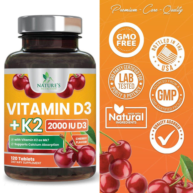 Vitamin D3 K2 as MK-7 with 2000Iu of D3 & 75Mcg K2, Vitamin K2 D3 Bone Strength Supplements Support Calcium Absorbtion for Teeth & Bone Health + Muscle & Immune Health Support - 120 Chewable Tablets