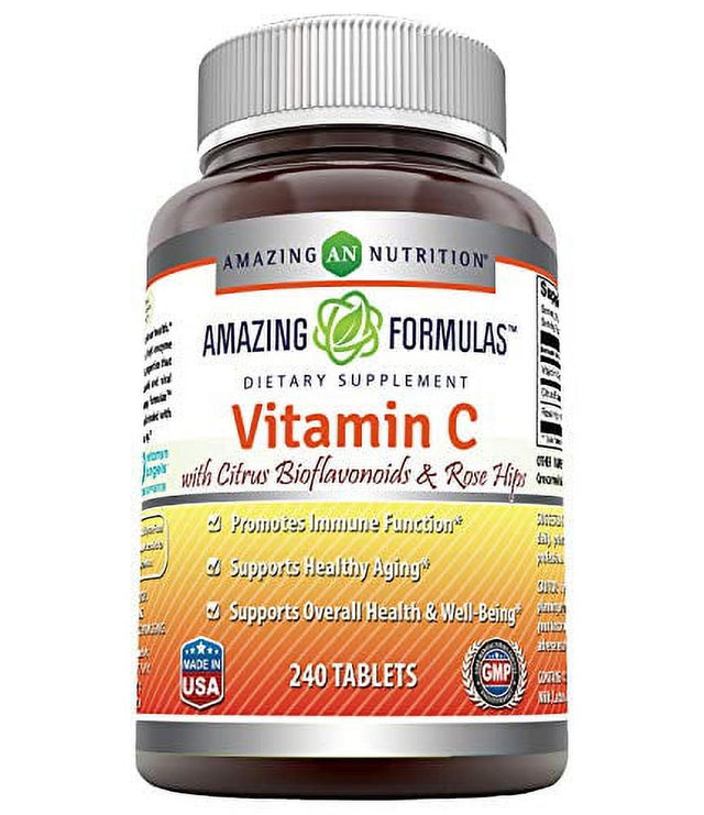 Amazing Formulas Vitamin C with Rose Hips and Citrus Bioflavonoids – 240 Tablets- Non-Gmo, Vegan - Promotes Immune Function