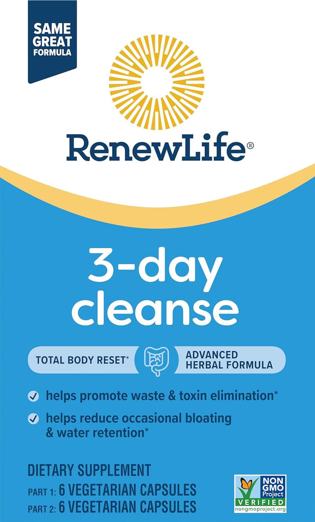 Renew Life 3-Day Cleanse Total Body Reset 2-Part Detox Cleanse Capsules, Digestive Wellness and Regularity, Herbal Blend with Magnesium and Cranberry, Soy, Dairy and Gluten-Free 12 Count