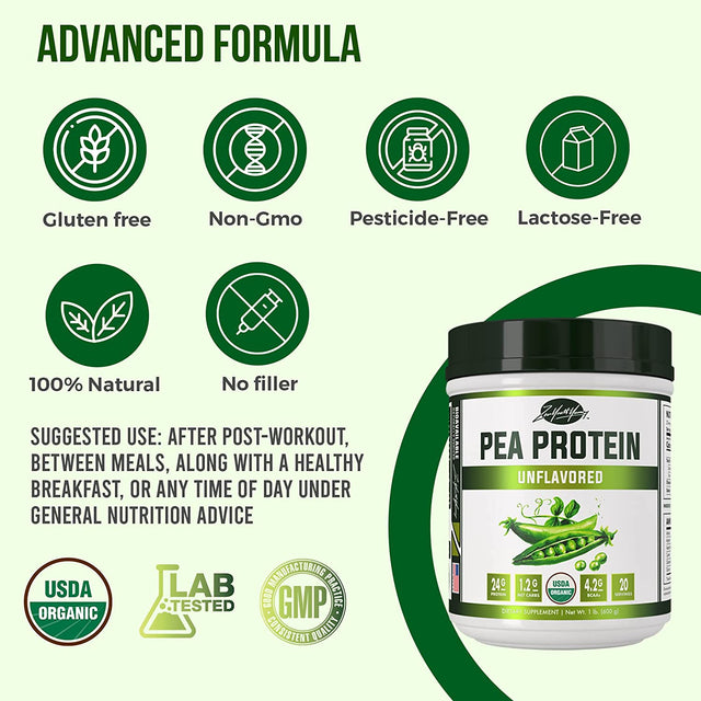 Pure Organic Hydrolyzed Vegan Pea Protein Powder - Easy to Digest, Unsweetened, Natural Unflavored, Dairy Free, Gluten Free, Soy Free, Sugar Free, Non-Gmo with BCAA