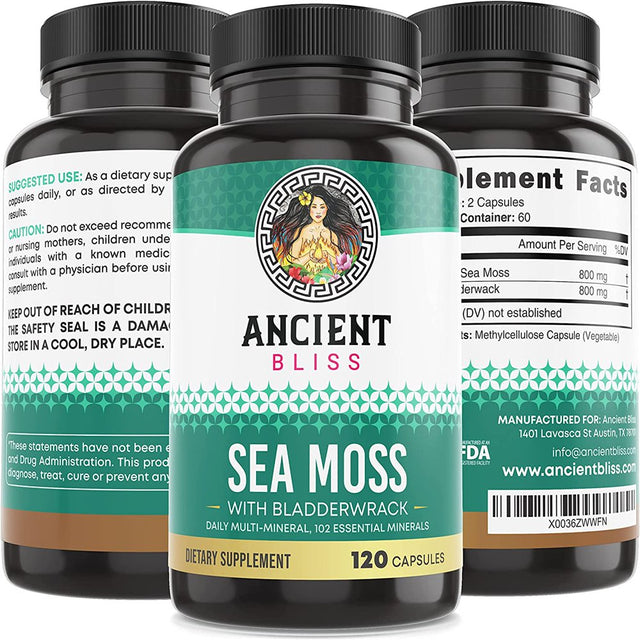 Ancient Bliss Organic Irish Sea Moss Pills, Rich in 102 Minerals -Dr. Sebi Wildcrafted Sea Moss Capsules Thyroid, Healthy Skin & Joint Support, 120 Capsules