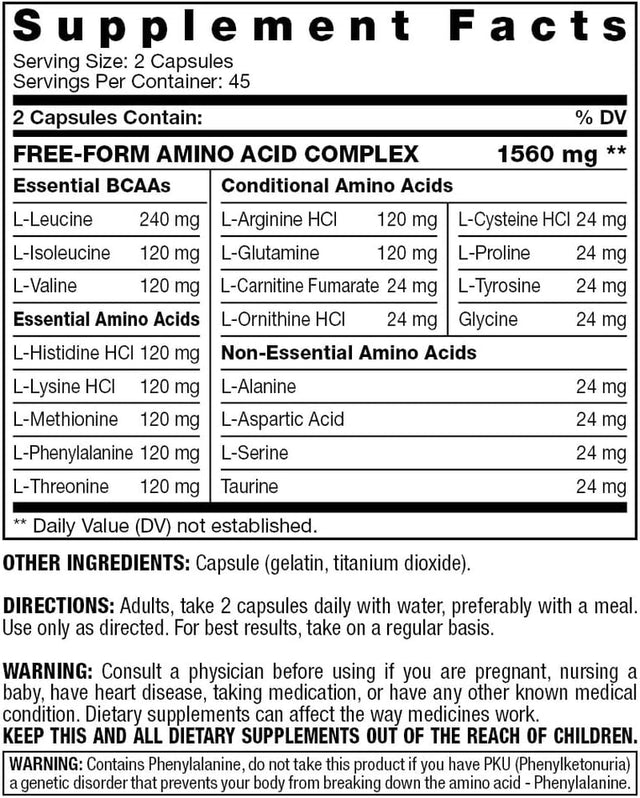 Amino Acid Complex - Fast Absorbing & Free Form Essential & Branched Chain Amino Acids Bcaas | Supports Muscle Growth, Strength & Recovery | Supplement - 90 Capsules