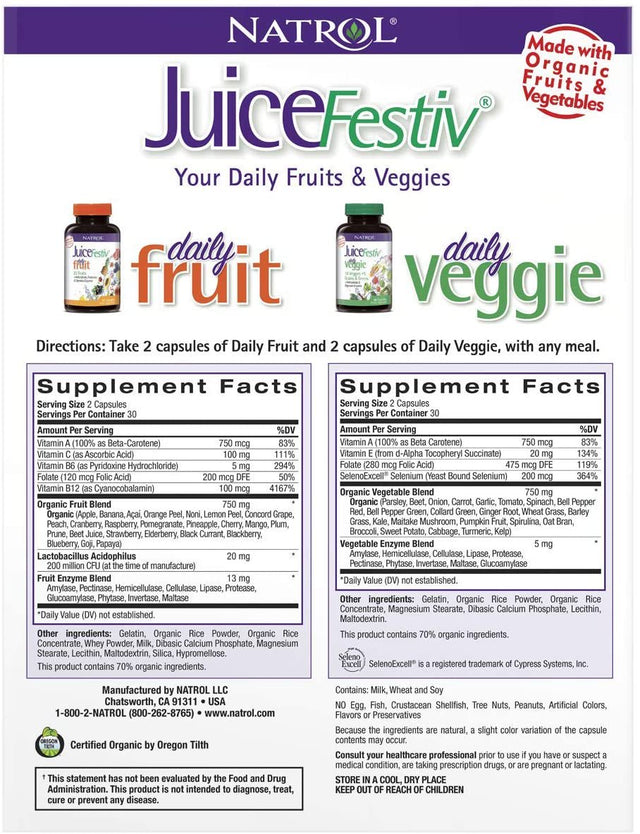 Natrol, Juicefestiv Daily Fruits & Veggies Capsules, 120 Count (Two 60 Count Bottles)