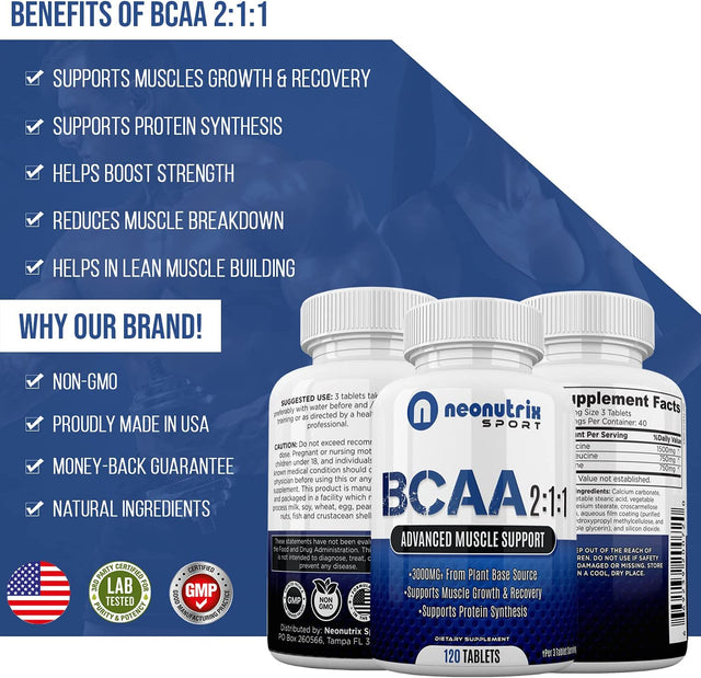 BCAA 2:1:1 Branched Chain Amino Acids Capsules for Muscle Recovery, Energy & Endurance – Vegan Pre & Post Workout Supplement with L-Leucine, L-Isoleucine & L-Valine 120 Tablets by Neonutrix Sports