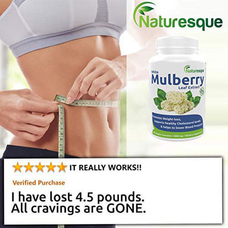 Naturesque White Mulberry Leaf Extract | Controls Appetite, Curbs Sugar & Carb Cravings | Helps Lower Blood Sugar Levels | Perfect for Zuccarin Diet Weight Loss | 1000Mg 60 Vegan Capsules