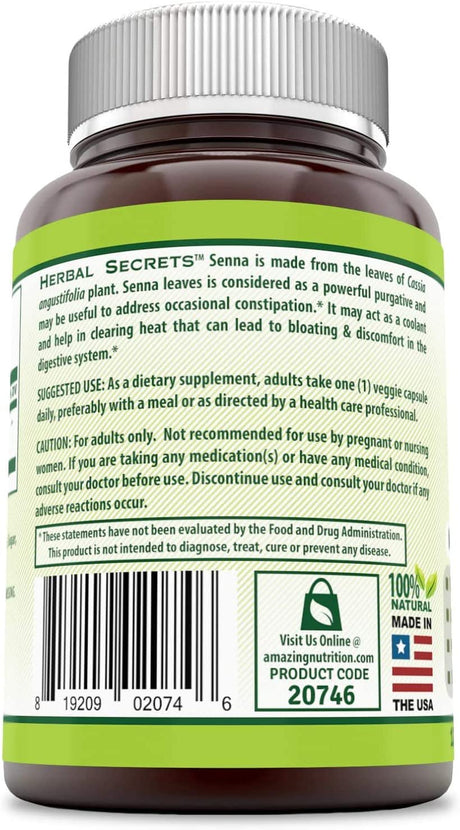 Herbal Secrets Natural Senna 500 Mg per Serving 120 Veggie Capsules | Non-Gmo | Gluten Free | Made in USA | Suitable for Vegetarian