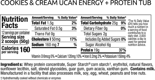 UCAN Energy + Whey Protein Powder - 19G per Serving with Amino Acids Eaas & Bccas - Keto, No Added Sugar, Gluten-Free - Cookies & Cream - 12 Servings