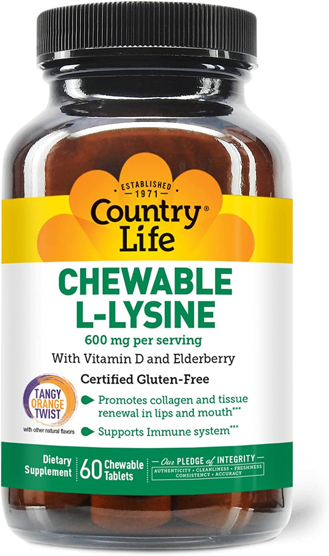 Country Life Chewable L-Lysine 600Mg - 60 Tabs - Supports Immune Health - Supports Natural Collagen Production - Vitamin D - Elderberry - Great Taste