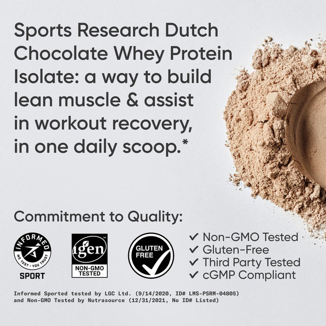 Sports Research Whey Protein - Sports Nutrition Whey Isolate Protein Powder for Lean Muscle Building & Workout Recovery - 5 Lb Bag Bulk Protein Powder 25G per Serving - Dutch Chocolate, 60 Servings