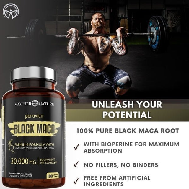 ORGANIC Black Maca Root Extract Highest Potency 40:1, 30,000Mg, 6 Month Supply, Boost Stamina, Performance, Energy, Muscle Gain & Workout, Peruvian Maca Pills W/Bioperine, Non-Gmo (180 Capsules)