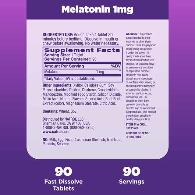 Natrol Melatonin Fast Dissolve Sleep Aid Tablets, Strawberry, 1Mg, 90 Count