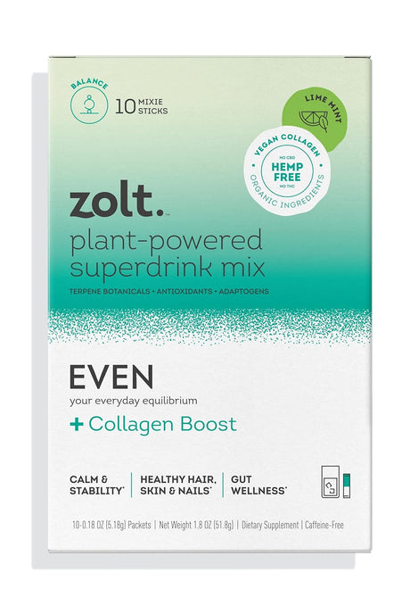 Zolt Plant-Powered Superdrink Mix Even +Collagen Boost for Calm, Gut Health and Hair, Skin, and Nail Support, Lime Mint, 10 Pack