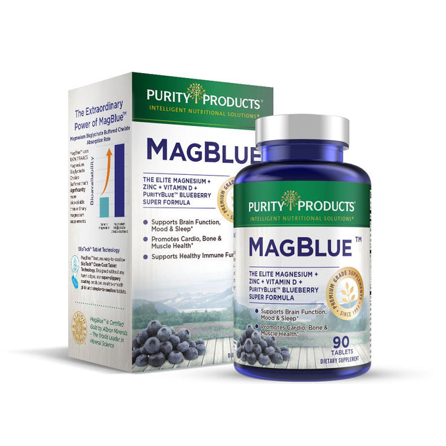 Magblue - Purity Products - High Efficiency Magnesium Bisglycinate Buffered + Vitamin D + Boron + Zinc + Purityblue Antioxidant Rich Wild Organic Blueberries - Talc Free - Easy to Swallow - 90 Tablets