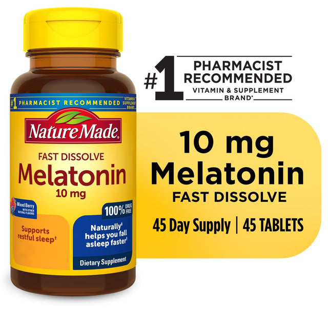 Nature Made Fast Dissolve Melatonin 10Mg Tablets, Max Strength 100% Drug Free Sleep Aid, 45 Ct