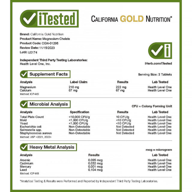 California Gold Nutrition Magnesium Chelate, 210 Mg, 90 Tablets (105 Mg per Tablet )