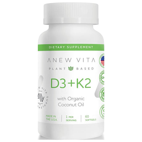 Anew Vita Vitamin D3 + K2 W/ Organic Coconut Oil | Bone Health | Supports Circulatory System | Calcium Balance | Plant Based | Non - GMO | Gluten Free | 60 Softgels | Made in USA