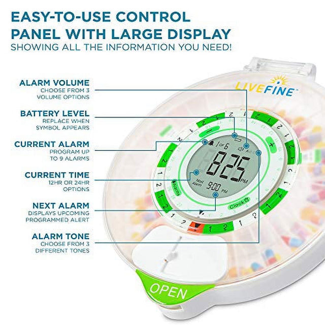 Livefine 28-Day Automatic Pill Dispenser with Upgraded LCD Display, Key Lock, Sound & Light for Prescriptions, Medication, Vitamins, Supplements & More