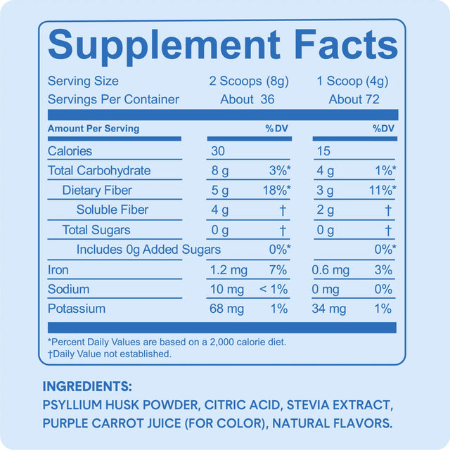 Bellway Psyllium Super Fiber Prebiotic Supplement Powder, Sugar-Free, Mixed Berry, 72 Servings