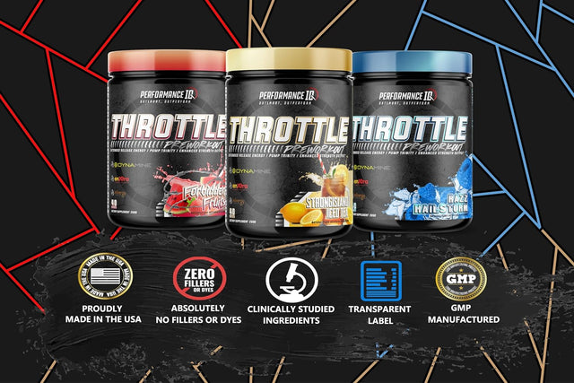 Throttle Pre Workout - Endless Energy - Extreme Focus - Long Lasting Pumps · Strength & Endurance · Dynamine® · Infinergy™ · Enxtra® ·Citrulline · Beta Alanine · DMAE · Caffeine Strong Island Iced Tea