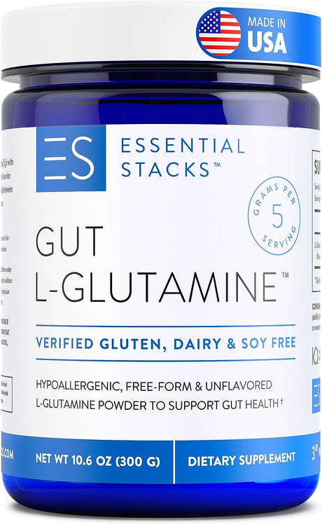 Essential Stacks Gut L-Glutamine Powder - Made in USA - Pure L Glutamine Powder for Leaky Gut, Bloating & Gut Health - Dairy, Soy & Gluten Free, Non-Gmo, Vegan Glutamine Supplement