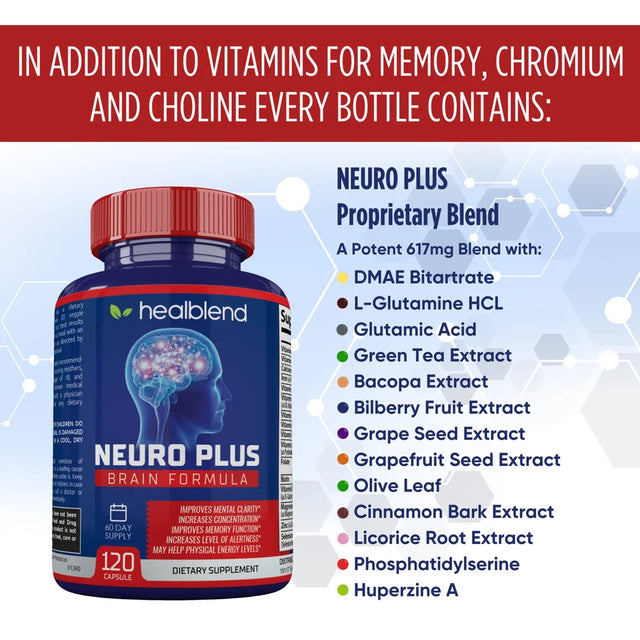 Healblend Neuro plus Brain Booster Supplements - Brain & Focus Formula, Supports Memory, Concentration & Mental Clarity - 3-Pack