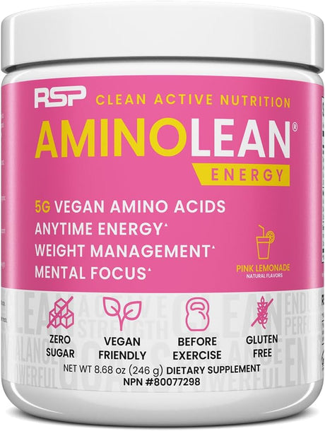 RSP NUTRITION Aminolean Pre Workout Powder, Amino Energy & Weight Management with Vegan BCAA Amino Acids, Natural Caffeine, Preworkout Boost for Men & Women, 30 Serv, Pink Lemonade…